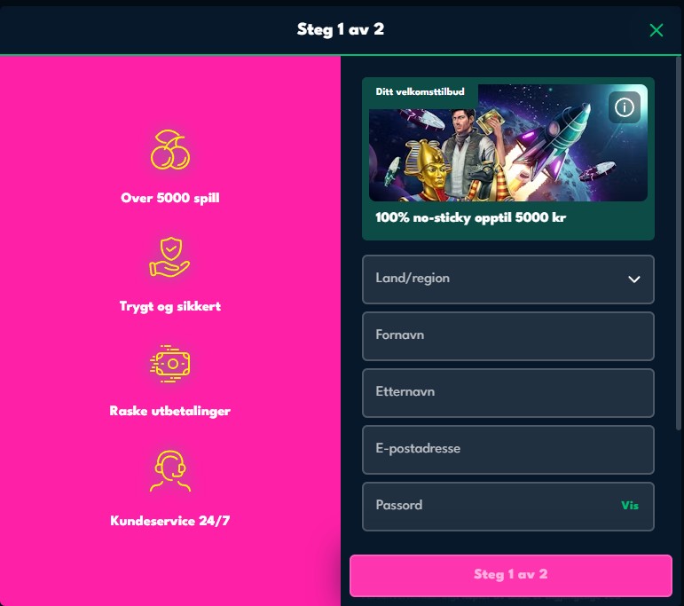 The first step of the Rocket Riches registration form in Norway.